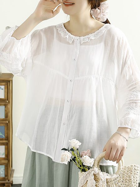Women Artsy Solid Lacework Button-up Ramie Shirt HH043 MZS