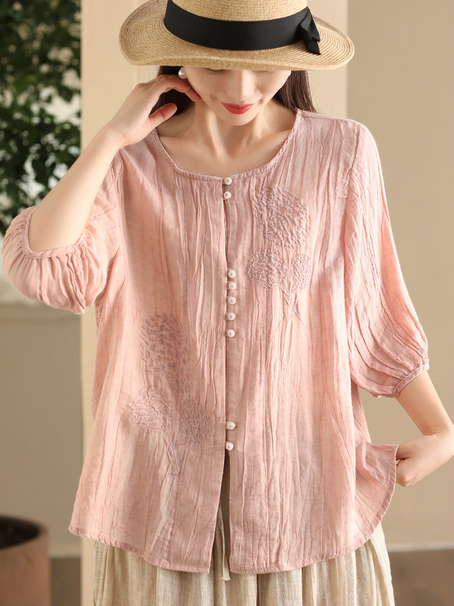 Women Summer Vintage Embroidery Solid Button Ramie Shirt FD012 JPFS