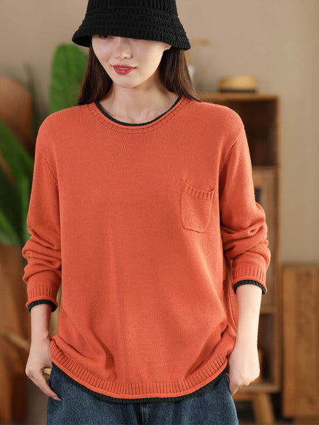 Women Autumn Casual Colorblock O-Neck Cotton Knit Blouse AI1068 BK