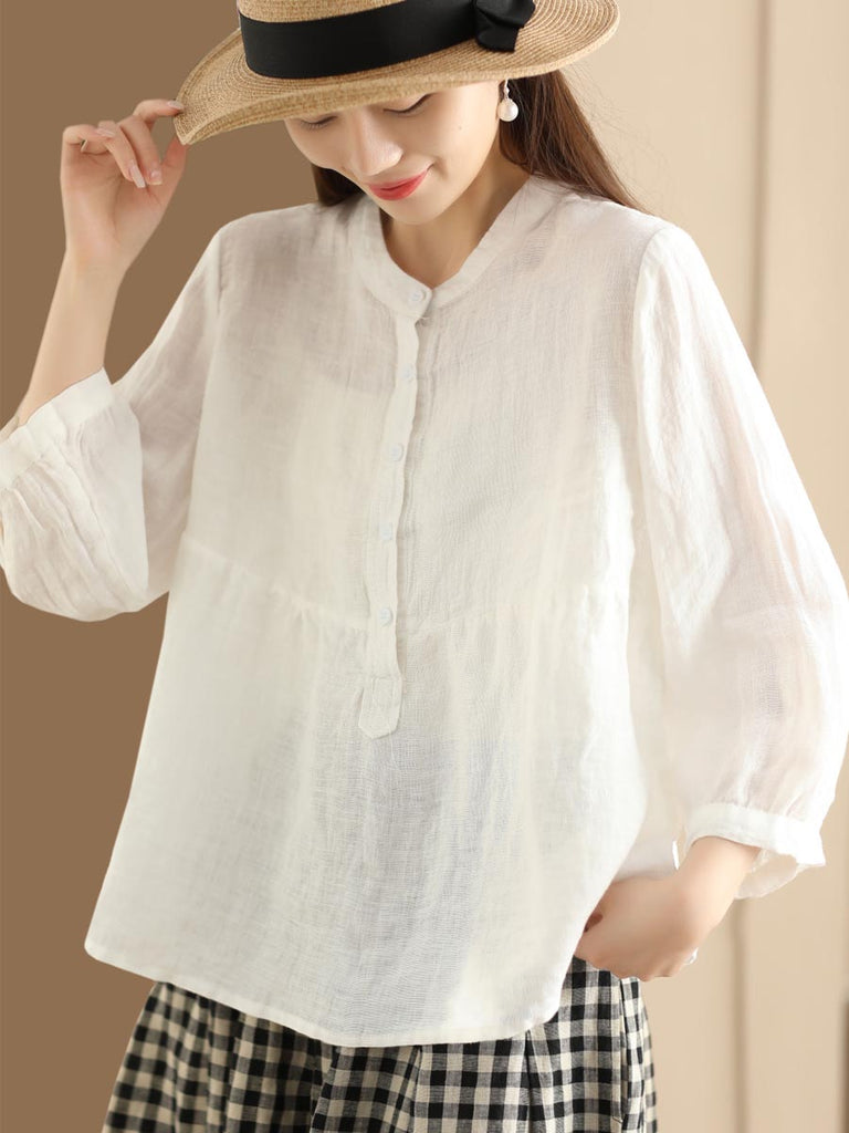 Women Retro Solid Spring Pullover Linen Shirt KL1030 Ada Fashion