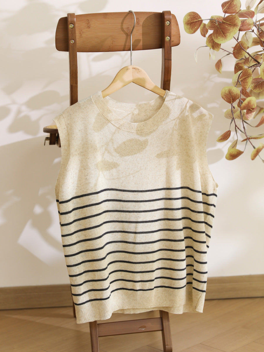 Women Summer Casual Stripe Knitted O-Neck Linen Vest CX004 BUYKUD