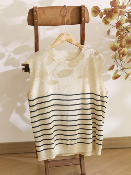 Women Summer Casual Stripe Knitted O-Neck Linen Vest CX004 BUYKUD