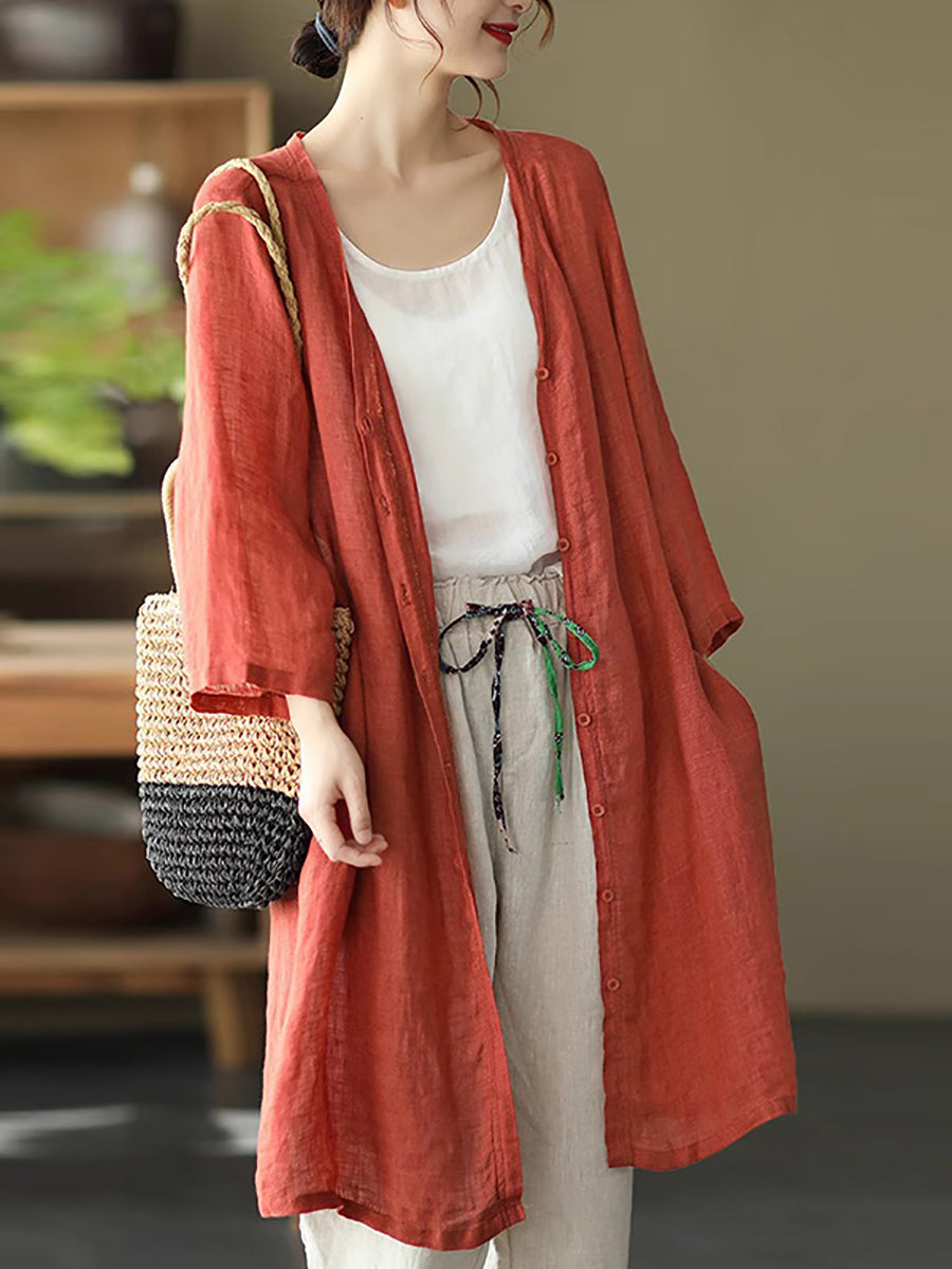 Women Summer Casual Solid Linen Button-up Long Shirt SC1033 Ada Fashion