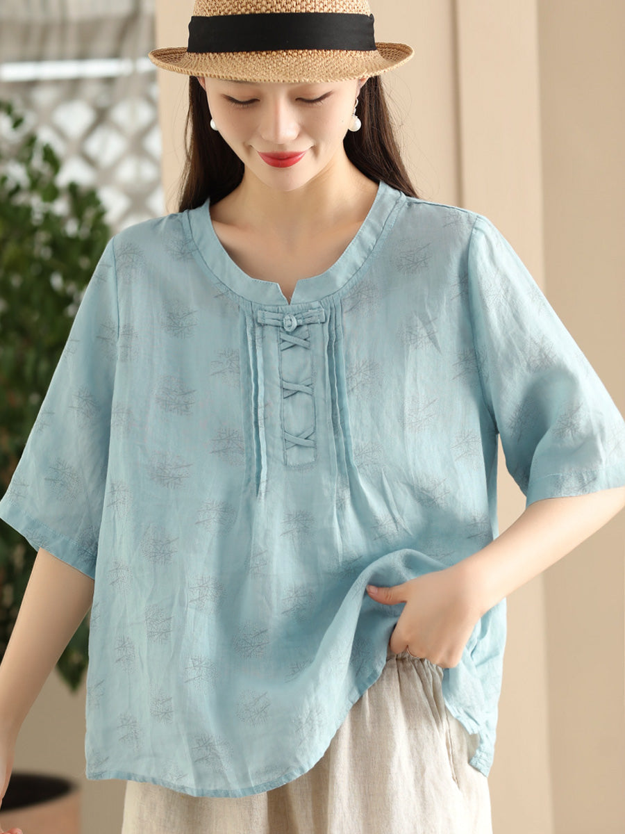 Women Summer Artsy Flower Stand Collar Ramie Shirt LL040 BUYKUD