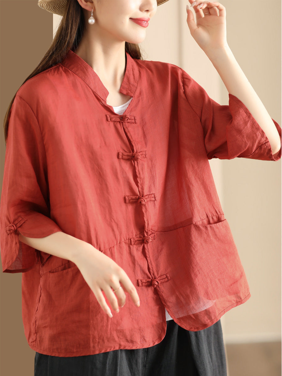 Women Summer Ethnic Solid Button-up Ramie Shirt QW1046 Ada Fashion