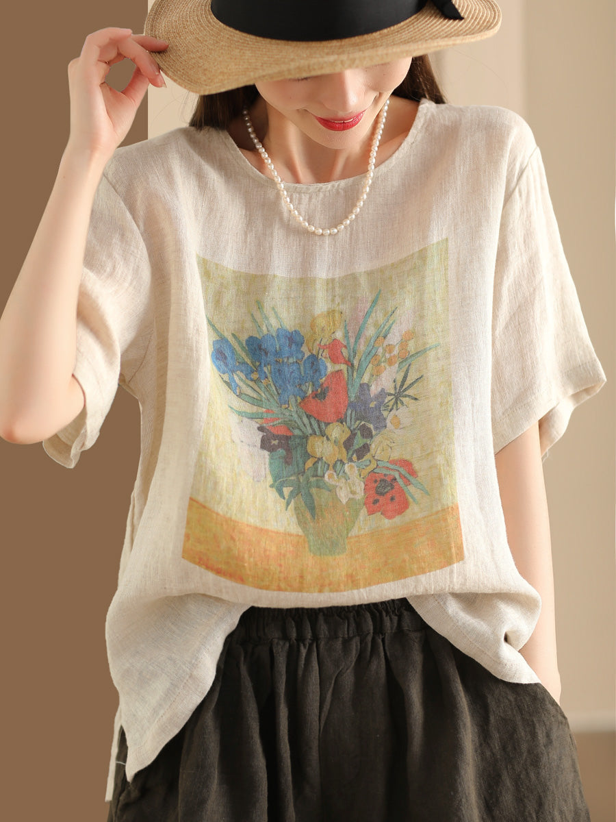 Women Summer Casual Flower Linen Pullover Shirt TY1022 Ada Fashion