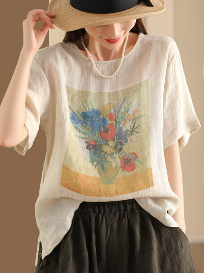 Women Summer Casual Flower Linen Pullover Shirt TY1022 Ada Fashion