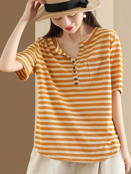 Women Sumer Casual Stripe V-Neck Button Shirt II1019 BUYKUD