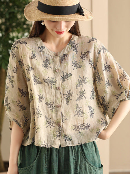 Women Summer Artsy Floral O-Neck Thin Shirt FD023 XJYF