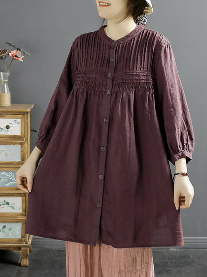 Women Artsy Summer Shirred Solid Linen Shirt SC1058 Ada Fashion