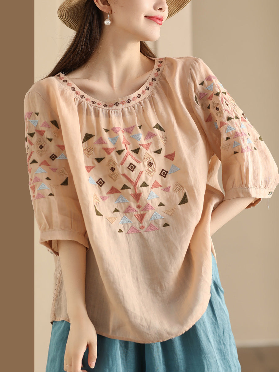 Women Summer Vintage Embroidery O-Neck Ramie Shirt OP1042 BUYKUD