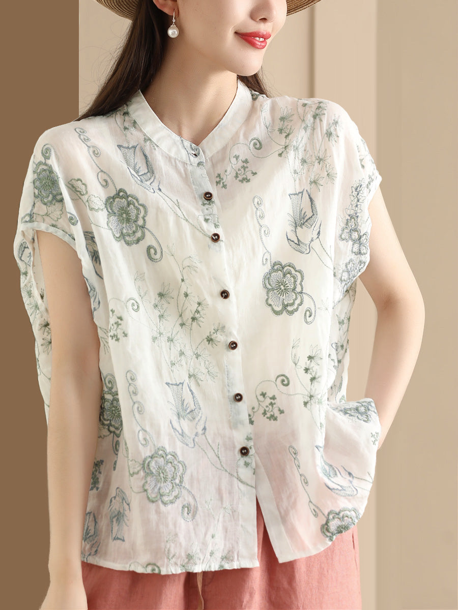 Women Summer Vintage Flower Embroidery Button Ramie Shirt OO1048 ZMMM