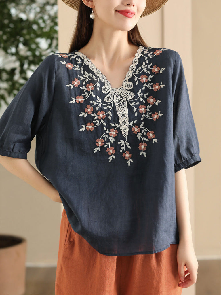 Women Summer Artsy Flower Embroidery Ramie V-Neck Shirt CC030 LPP