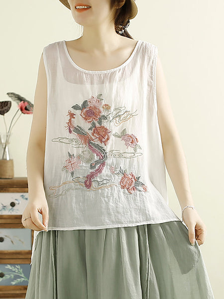 Women Vintage Flower Embroidery Ramie Summer Vest WE1022 Ada Fashion