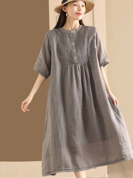 Women Summer Casual Solid Shirred Button Linen Dress HH019 LN