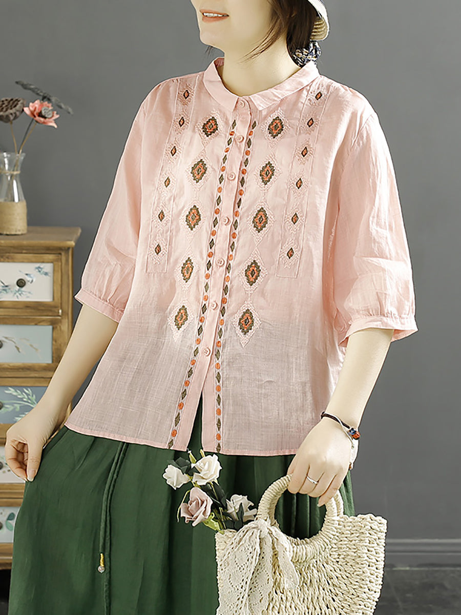 Women Ethnic Rhomboids Embroidery Ramie Button Up Blouse KL1031 Ada Fashion