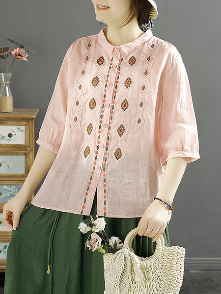 Women Ethnic Rhomboids Embroidery Ramie Button Up Blouse KL1031 Ada Fashion
