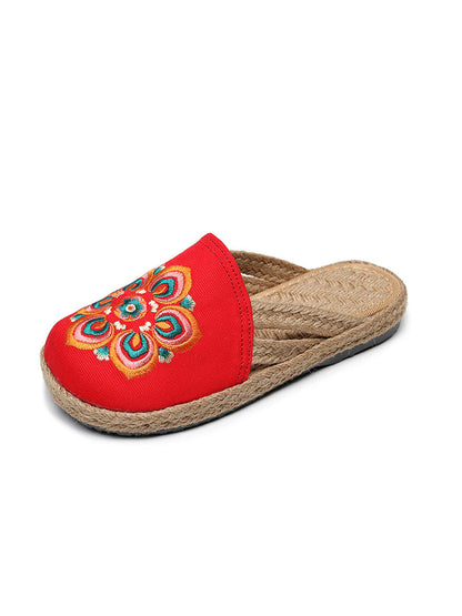 Women Summer Ethnic Flower Embroidert Straw Slippers II1017 TCXY