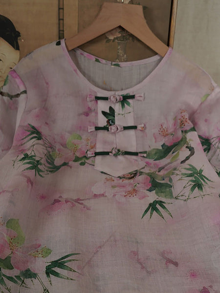 Women Summer Ethnic Flower Ramie Buckle Shirt PA1015 Ada Fashion