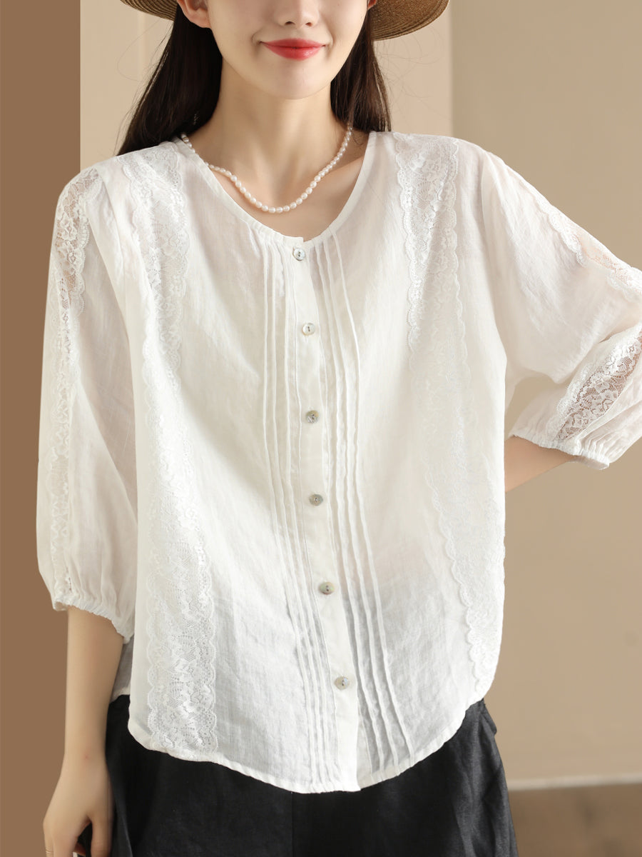 Women Summer Artsy Lace Spliced Ramie Button-Up Shirt II1020 GLL