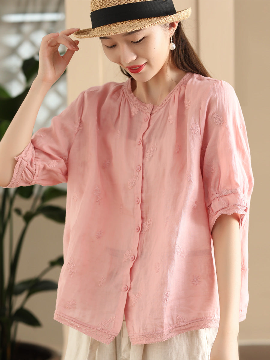 Women Summer Vintage Embroidery Button-up Ramie Shirt CX007 ZMMM