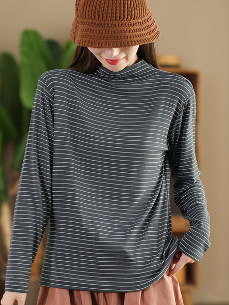 Women Autumn Casual Stripe Half Turtleneck Blouse AI1064 ZMMM