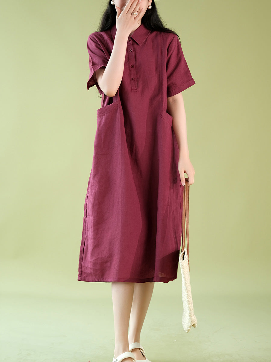 Women Summer Casual Solid Polo Collar 100%Ramie Dress CX056 ZMMM