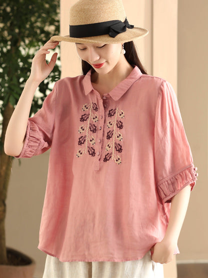 Women Summer Vintage Embroidery Turn-down Collar Ramie Shirt FD017 YDR