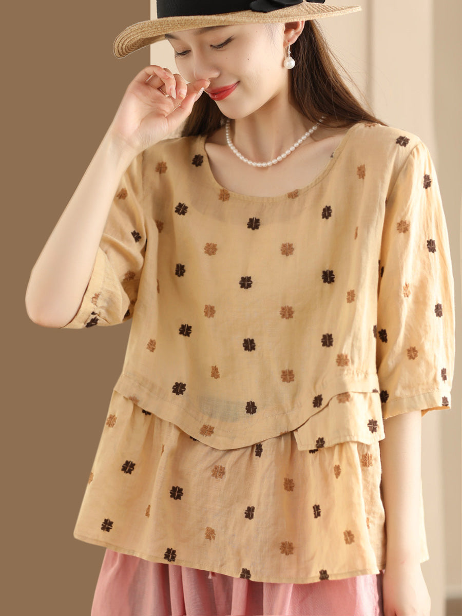 Women Summer Embroidery Spliced Ramie Loose Shirt XX1046 Ada Fashion