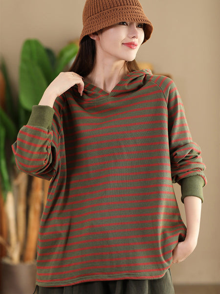 Women Casual Autumn Stripe Colorblock Hooded Sweatshirt AI1025 ZMMM