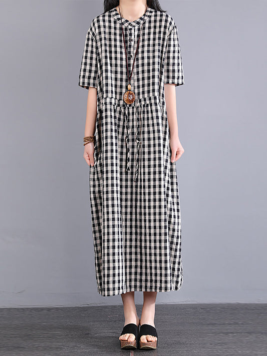 Plus Size Women Casual Plaid Summer Cotton Linen Dress SC1061 Ada Fashion