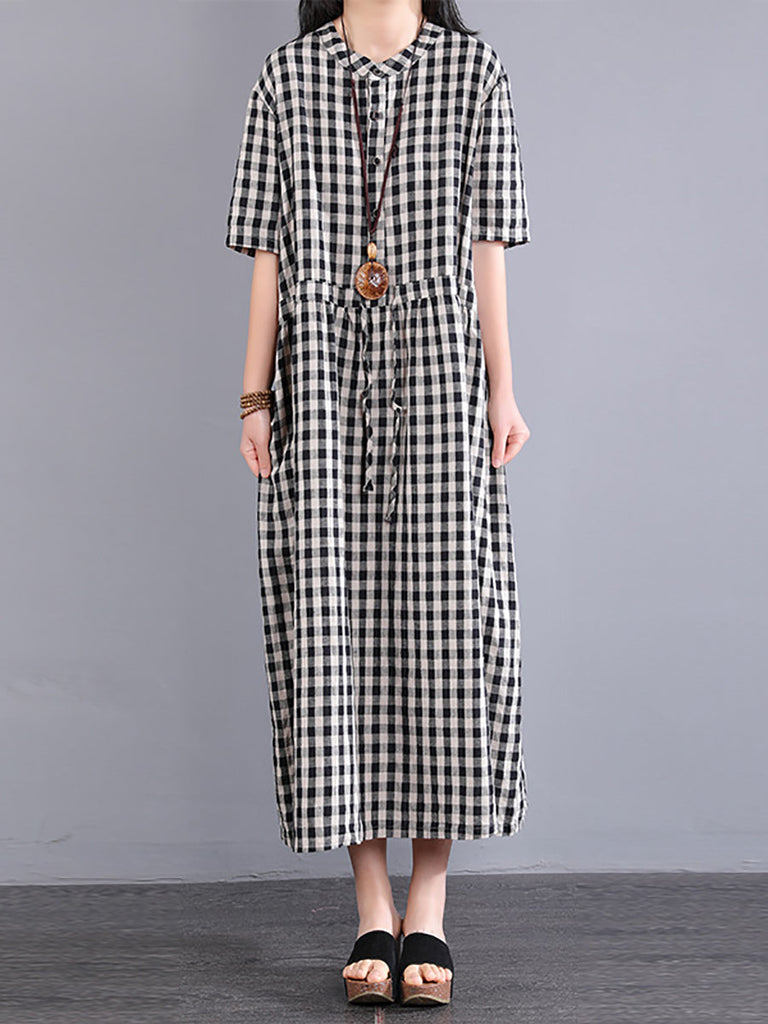 Plus Size Women Casual Plaid Summer Cotton Linen Dress SC1061 Ada Fashion
