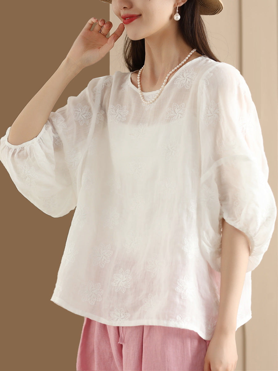 Women Summer Vintage Flower Embroidery Ramie Shirt PP1029 BUYKUD