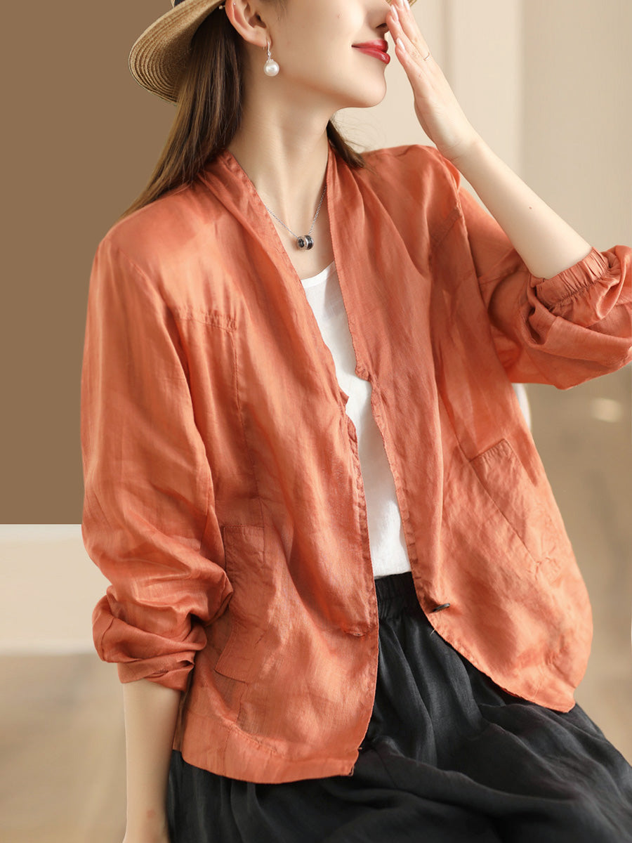 Women Vintage Solid Summer Ramie Thin Cardigan Shirt Coat SC1056 Ada Fashion