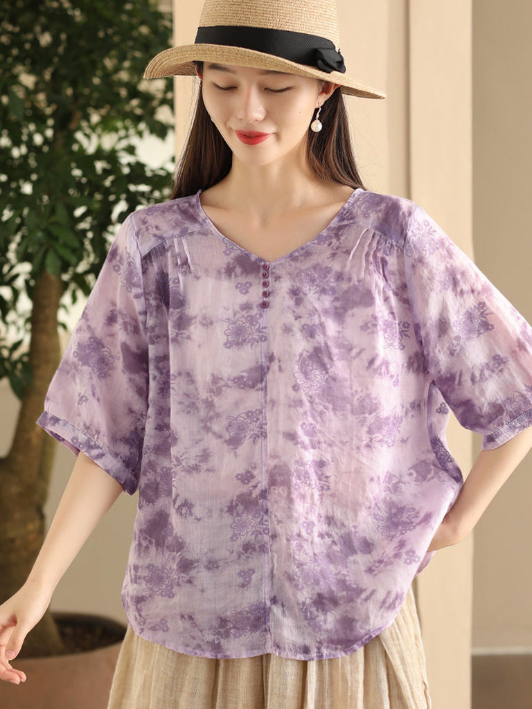 Women Summer Artsy Flower V-Neck Thin Ramie Shirt FD004 BUYKUD