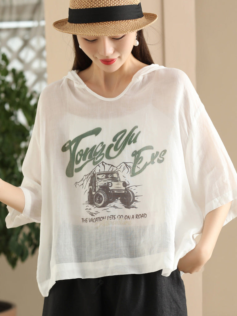 Women Summer Casual Print Thin Ramie HoodedShirt LL038 BUYKUD