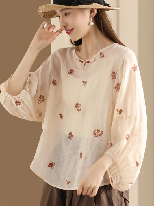 Women Summer Vintage Flower Embroidery Ramie Shirt AA1042 Ada Fashion