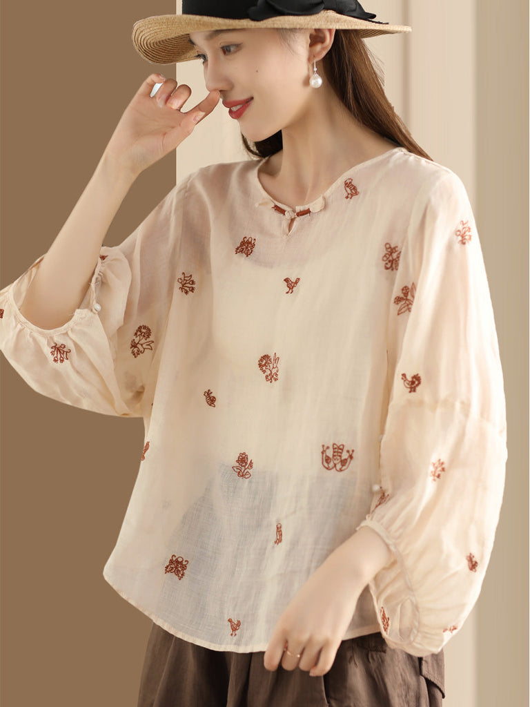 Women Summer Vintage Flower Embroidery Ramie Shirt AA1042 Ada Fashion