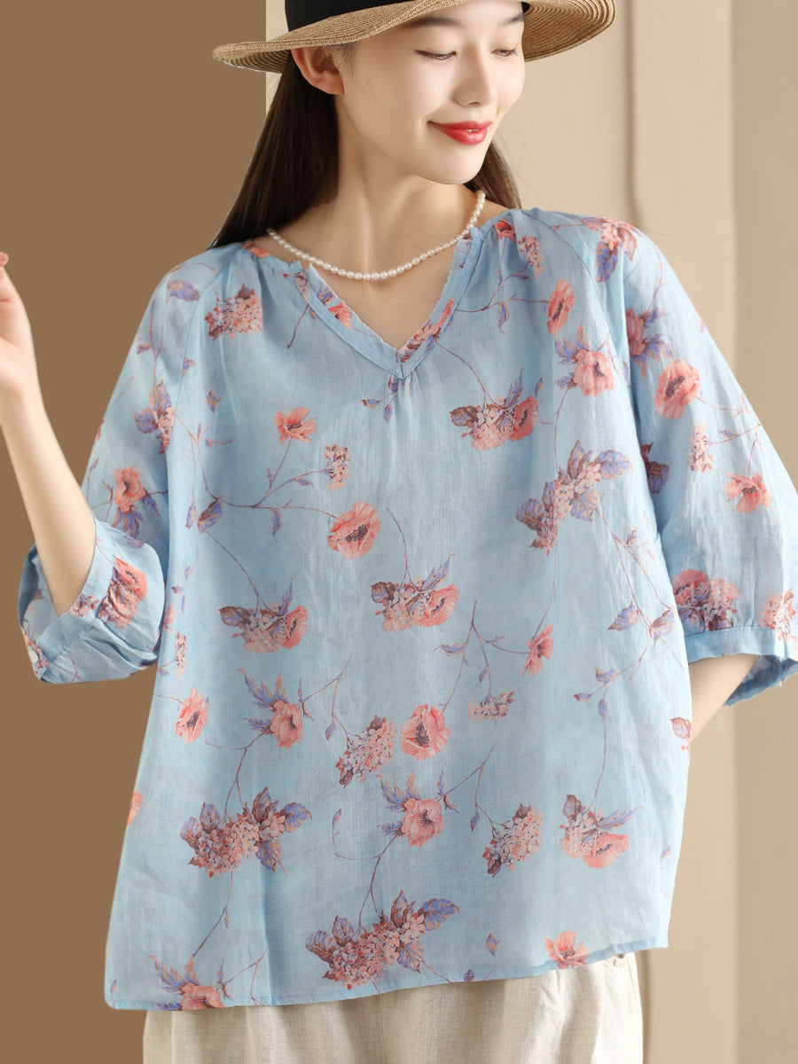 Women Summer Flower V-Neck Ramie Loose Shirt OO1035 ZMMM