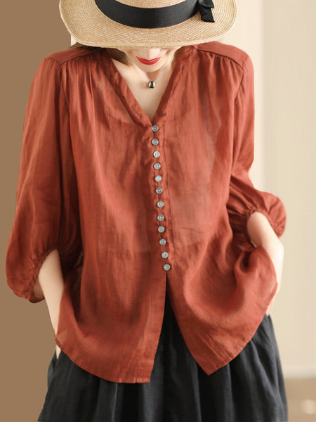 Plus Size Women Casual Summer Solid Button-up Ramie Shirt PA1038 Ada Fashion