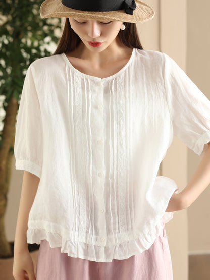 Women Summer Vintage Embroidery Button-up Strap Ramie Shirt FD018 ZMMM