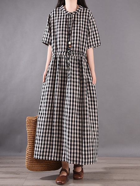 Women Summer Vintage Plaid Strap Linen Cotton Dress CV1036 Ada Fashion