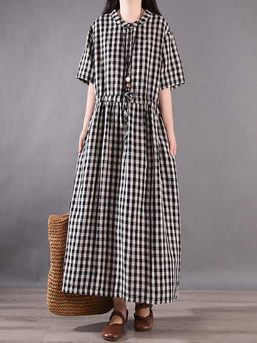 Women Summer Vintage Plaid Strap Linen Cotton Dress CV1036 Ada Fashion