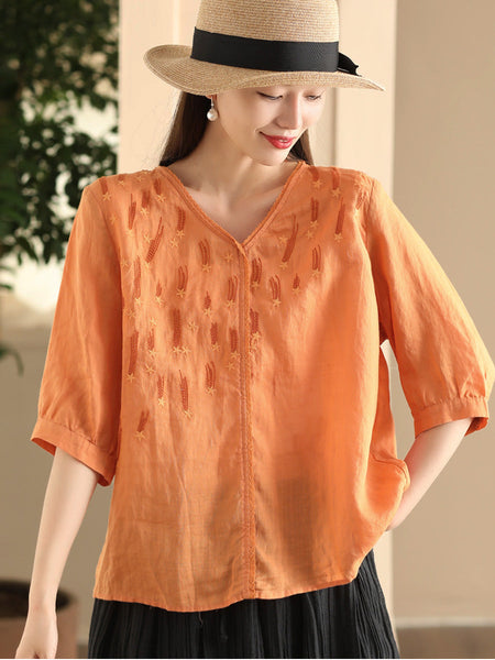 Women Summer Artsy Embroidery V-Neck Ramie Shirt FD005 ZMMM