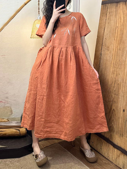 Women Summer Casual Bamboo Embroidery Strap Linen Dress IO1001 Ada Fashion