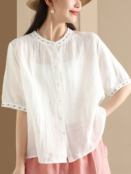 Women Summer O-Neck Embroidery Button-up Ramie Shirt PP1035 BUYKUD