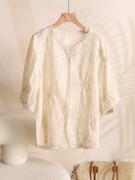 Women Summer Artsy Flower Embroidery Ramie Shirt TY1036 Ada Fashion
