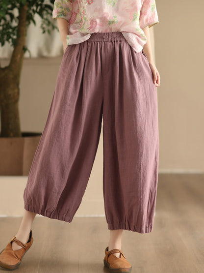 Women Summer Vintage Solid Linen Wide-leg Pants FD038 ZMMM