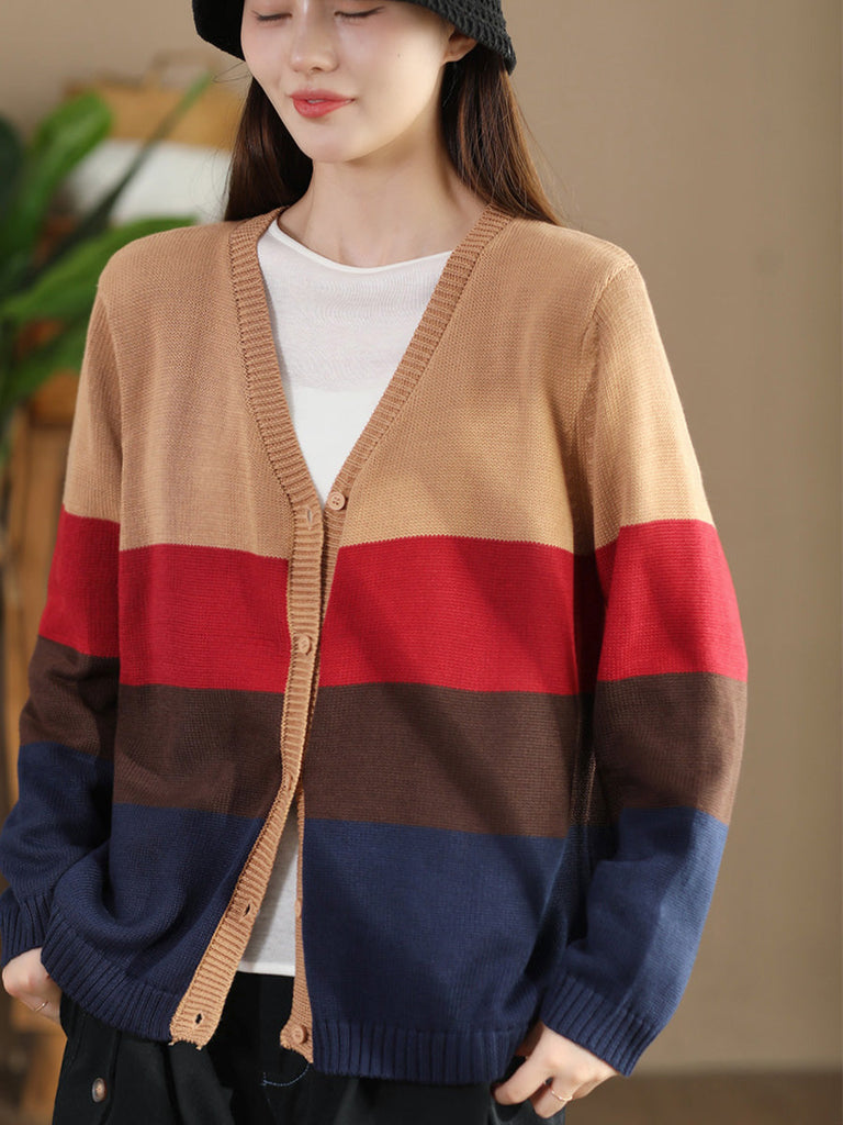 Women Autumn Colorblock V-Neck Knit Sweater AS1012 BUYKUD