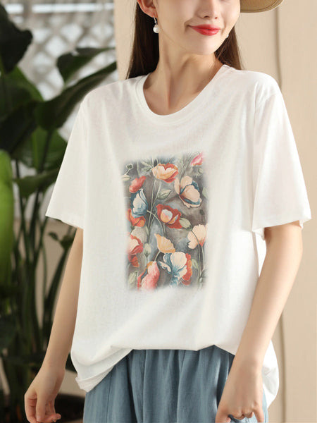 Women Summer Casual Flower Spliced Cotton Shirt CC031 JPFS